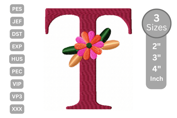 Floral Alphabet Letter - T: A Charming Embroidery Design